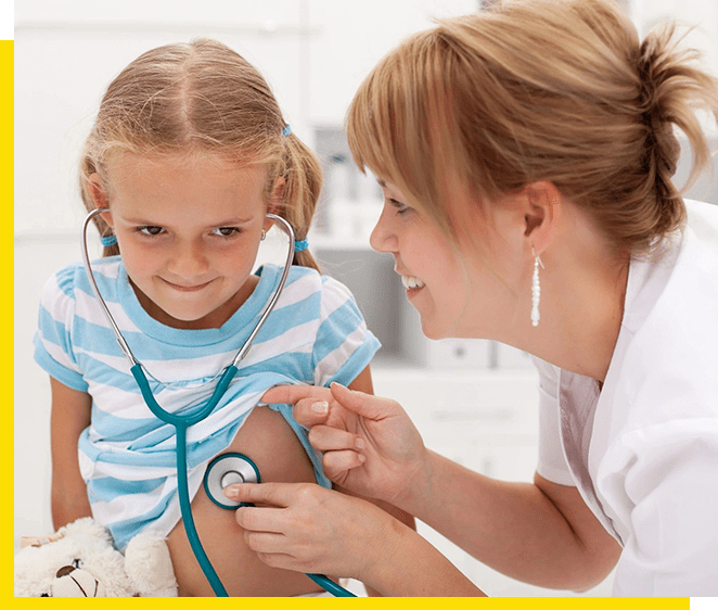 A woman is holding a stethoscope over the head of a little girl.